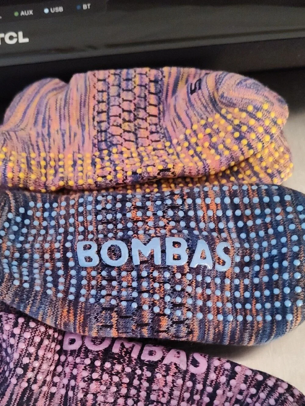 Bombas Non-Slip Ankle Socks in Purple, Blue and Yellow